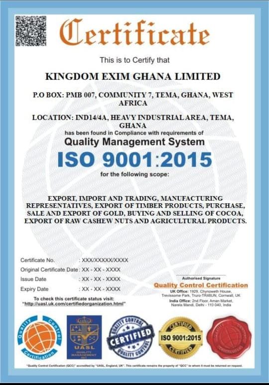 Kingdom Exim Group has been awarded an ISO-Certificate (ISO 9001:2015) for it’s compliance with standardization and quality.